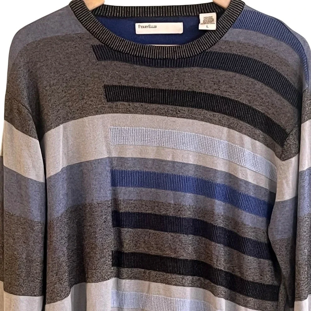 Perry‎ Ellis Blue Black Striped SILK WOOL Blend Preppy Sweater Large Men's Read